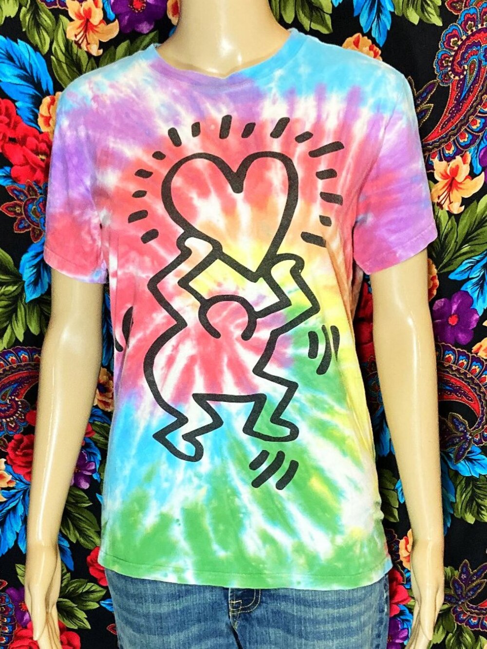 KEITH HARING SHIRT Tie-Dye Rainbow “Dancing Heart” Graphic WOMEN SMALL